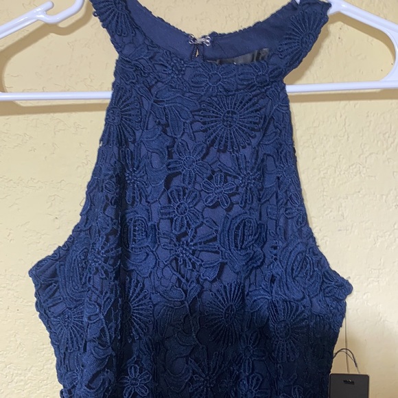 Lulus love Poem Navy Blue Lace High Neck Halter Style Mini Dress - Picture 2 of 4